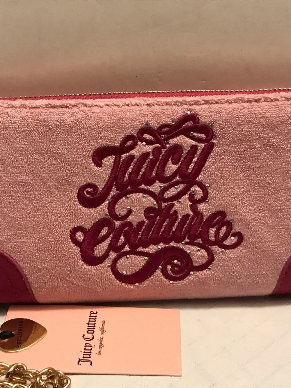 Juicy Couture Pink Velvet Logo Clutch with Magenta Embroidery